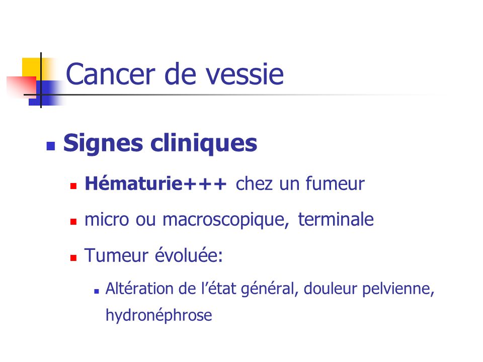 Cancer de vessie Signes cliniques Hématurie+++ chez un fumeur