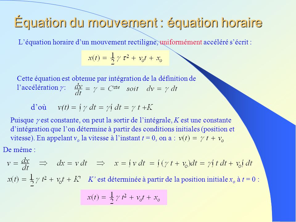 Équation du mouvement : équation horaire