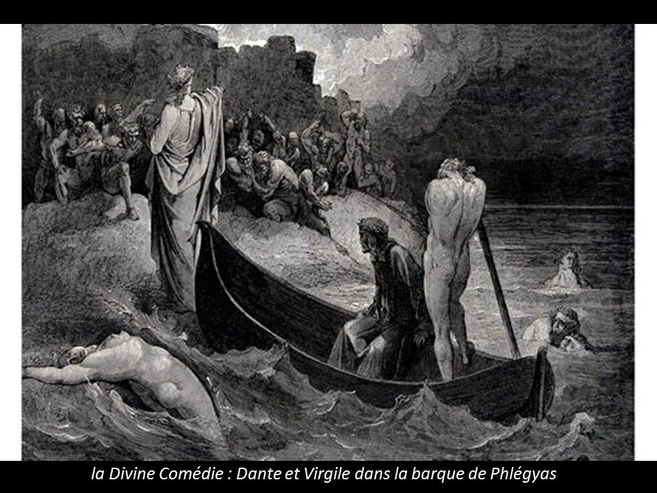 la Divine Comédie : Dante et Virgile dans la barque de Phlégyas