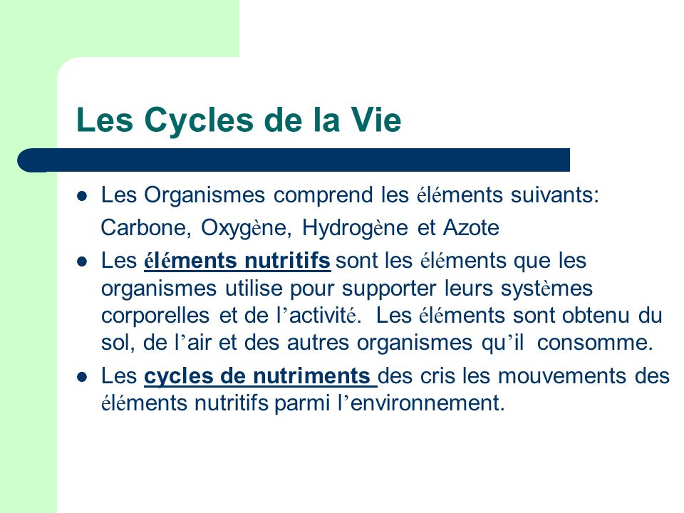 Les Cycles de la Vie Les Organismes comprend les éléments suivants: