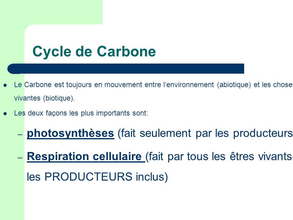 Cycle de Carbone photosynthèses (fait seulement par les producteurs)