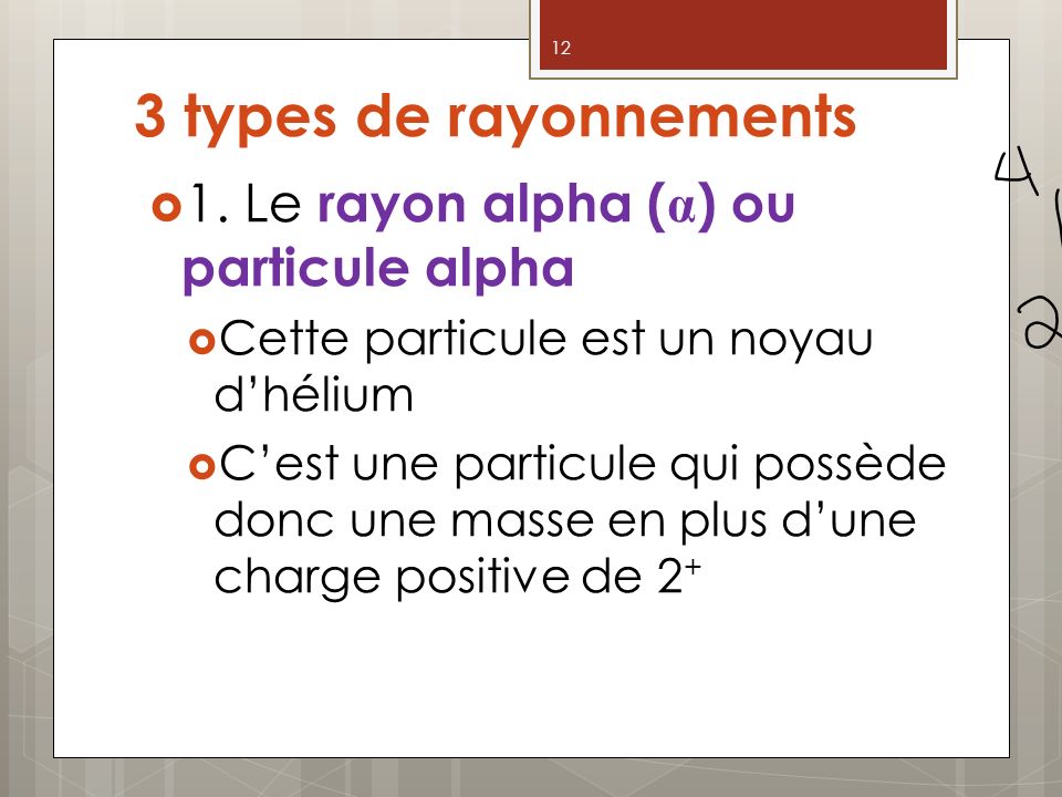 3 types de rayonnements 1. Le rayon alpha (α) ou particule alpha