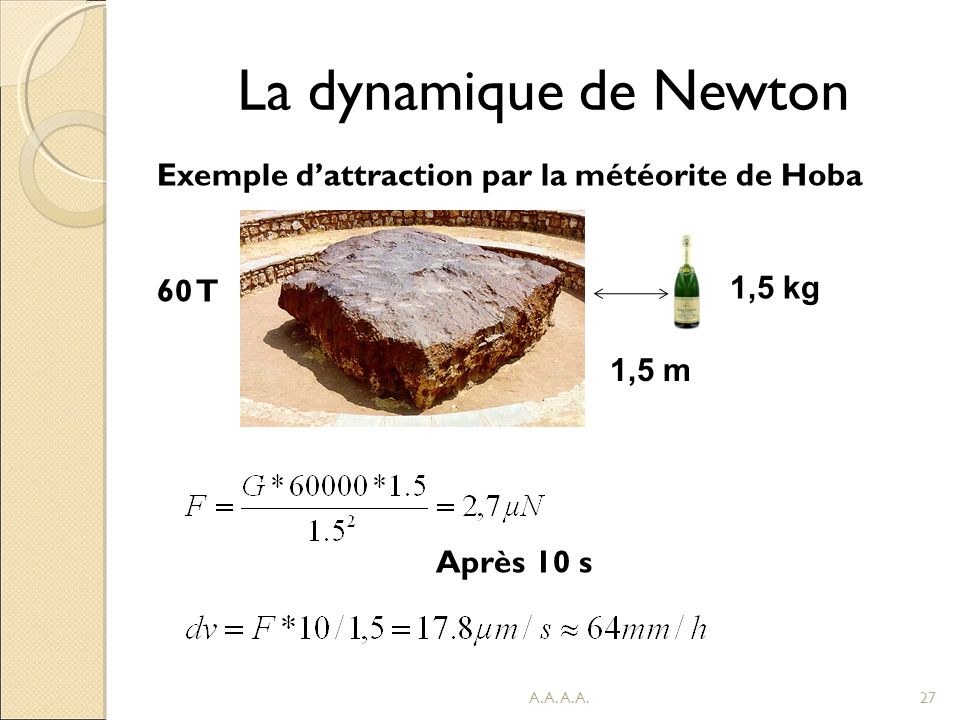 La dynamique de Newton Exemple d’attraction par la météorite de Hoba