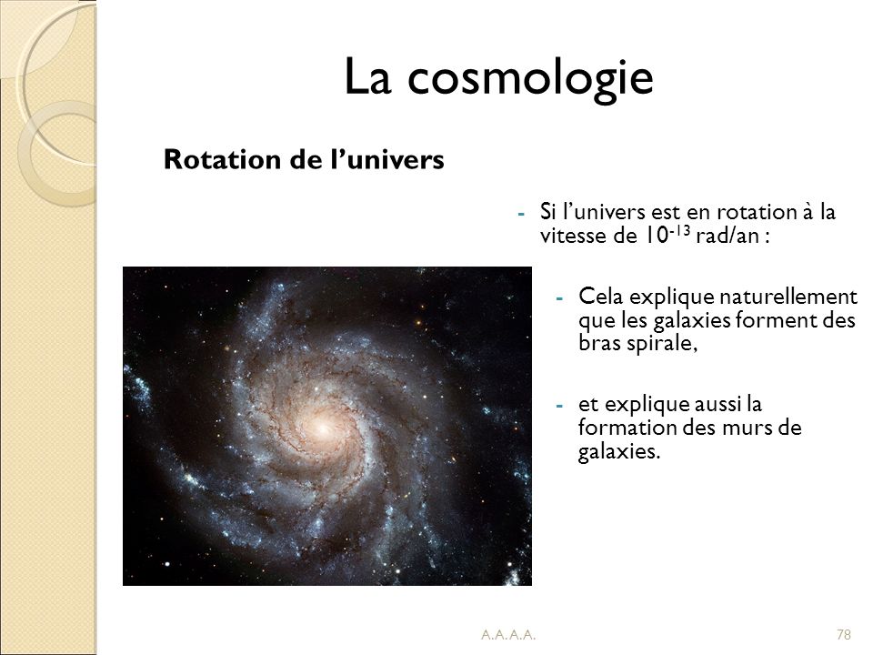 La cosmologie Rotation de l’univers