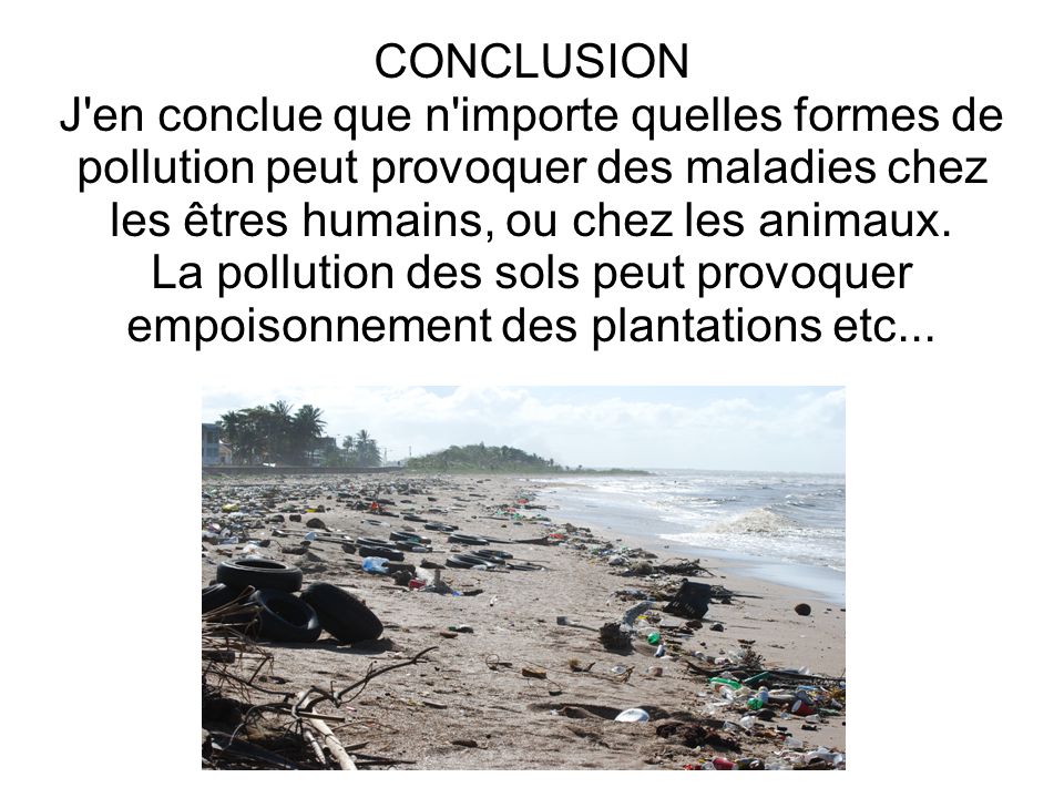 CONCLUSION J en conclue que n importe quelles formes de pollution peut provoquer des maladies chez les êtres humains, ou chez les animaux.