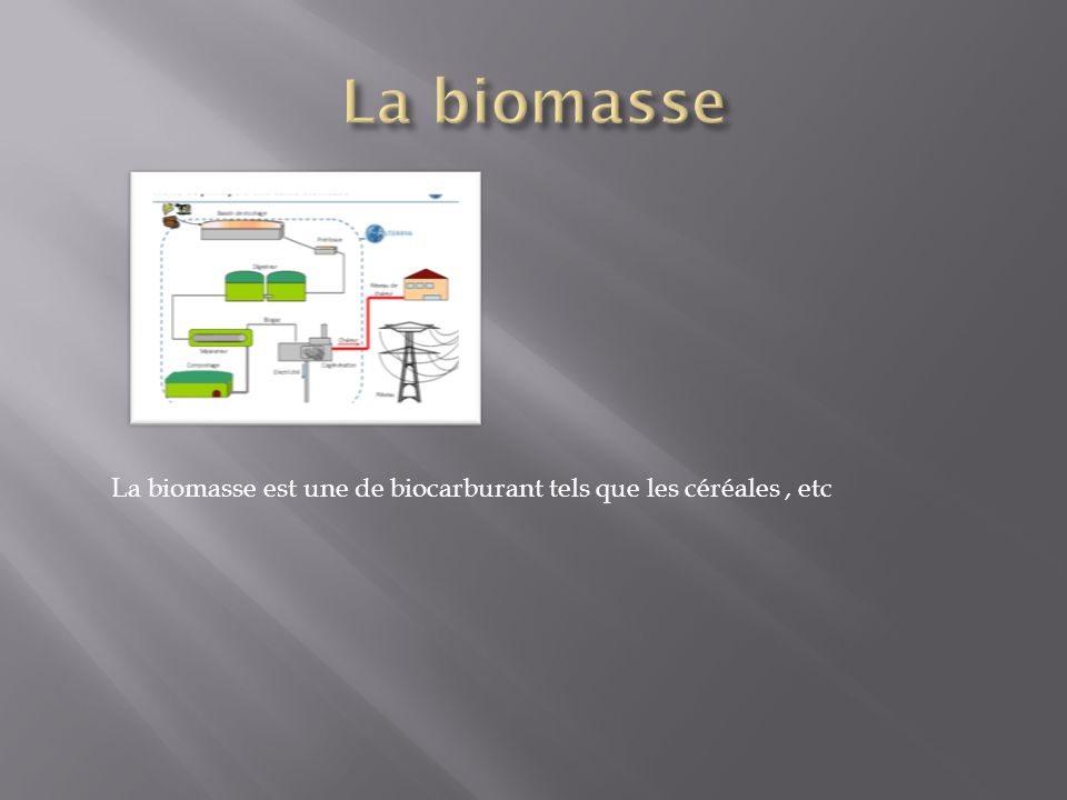La biomasse La biomasse est une de biocarburant tels que les céréales , etc