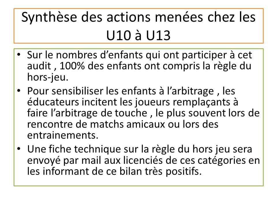 Synthèse des actions menées chez les U10 à U13