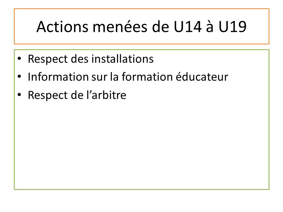 Actions menées de U14 à U19 Respect des installations