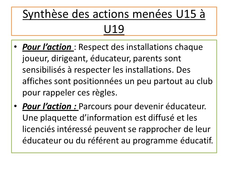 Synthèse des actions menées U15 à U19