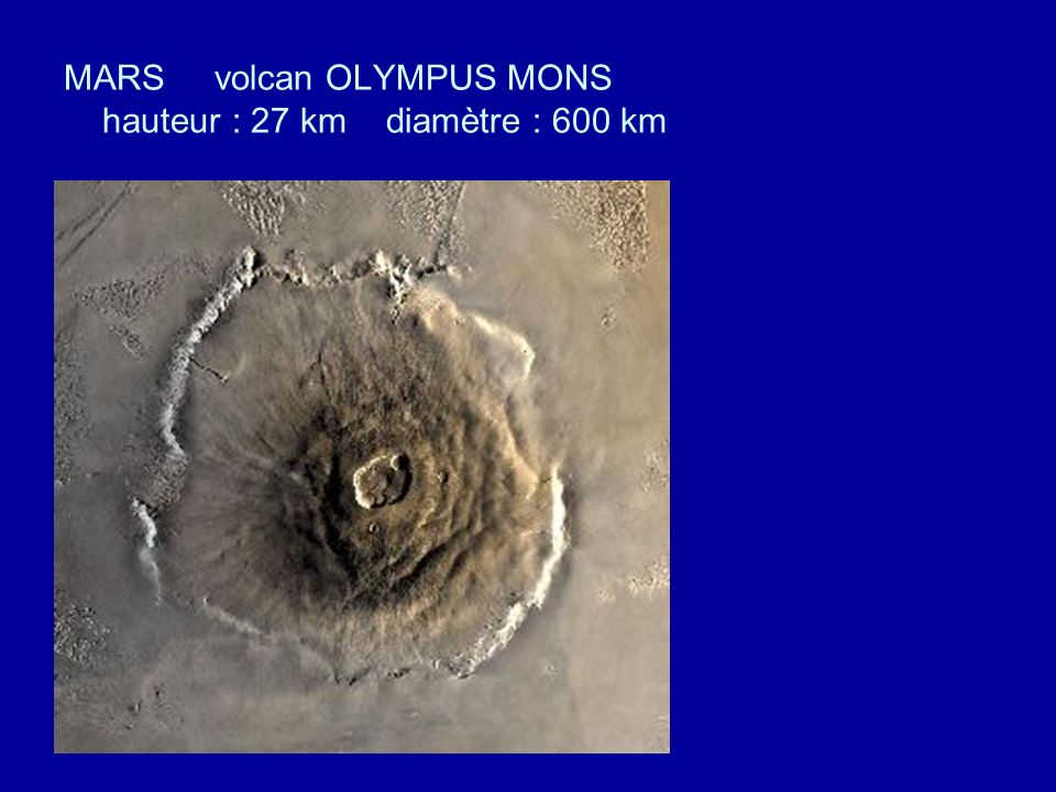 MARS volcan OLYMPUS MONS hauteur : 27 km diamètre : 600 km