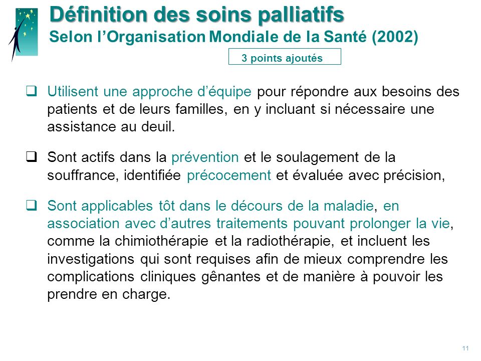 Définition des soins palliatifs Selon l’Organisation Mondiale de la Santé (2002) 3 points ajoutés