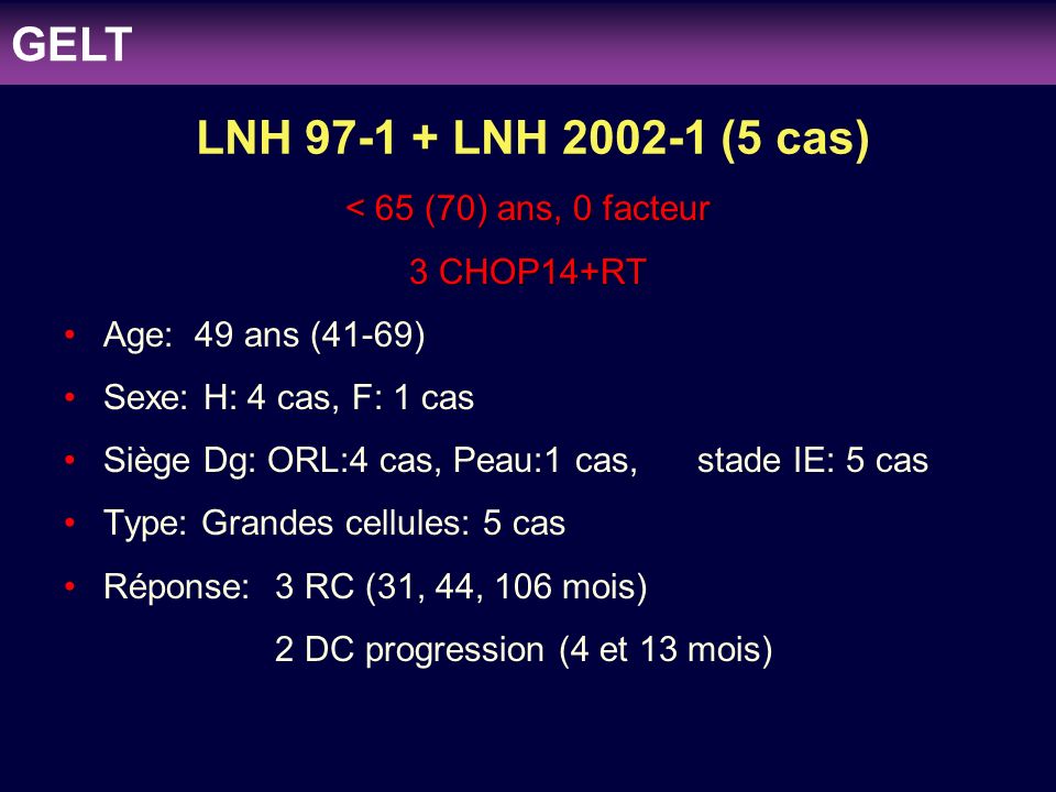 GELT LNH LNH (5 cas) < 65 (70) ans, 0 facteur