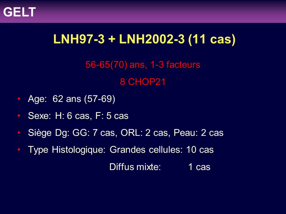 GELT LNH LNH (11 cas) 56-65(70) ans, 1-3 facteurs 8 CHOP21