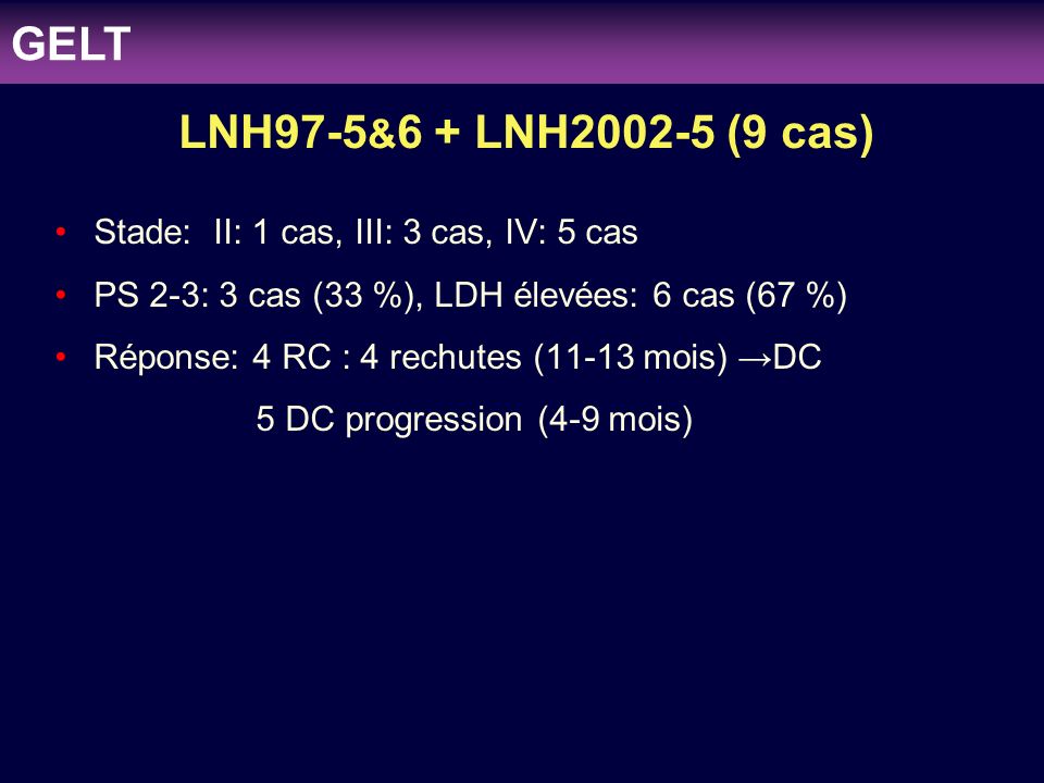 GELT LNH97-5&6 + LNH (9 cas) Stade: II: 1 cas, III: 3 cas, IV: 5 cas. PS 2-3: 3 cas (33 %), LDH élevées: 6 cas (67 %)