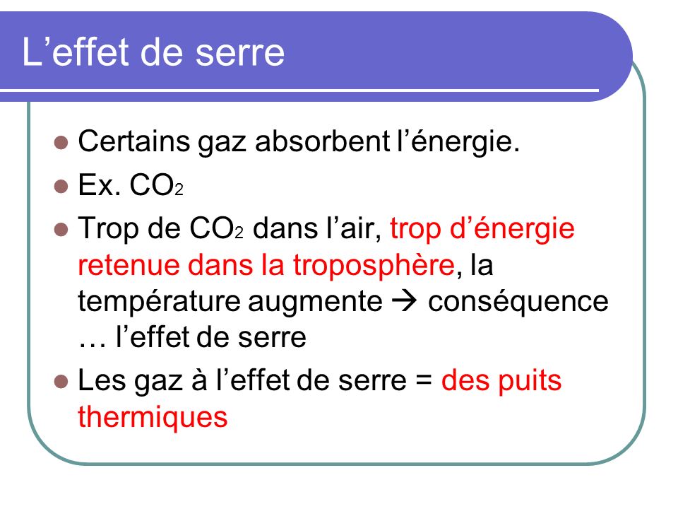L’effet de serre Certains gaz absorbent l’énergie. Ex. CO2