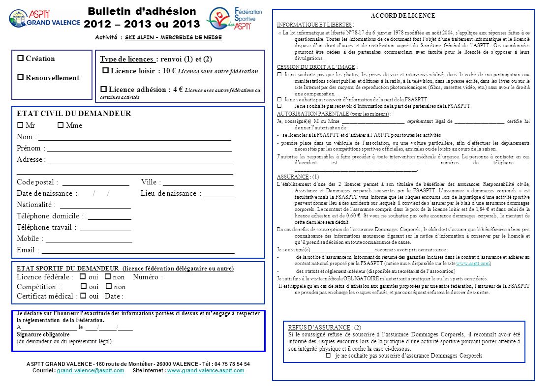 Bulletin d’adhésion 2012 – 2013 ou 2013