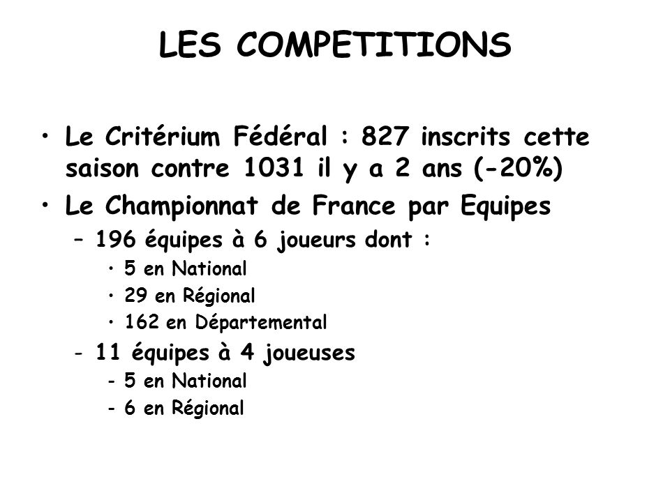 LES COMPETITIONS Le Critérium Fédéral : 827 inscrits cette saison contre 1031 il y a 2 ans (-20%) Le Championnat de France par Equipes.