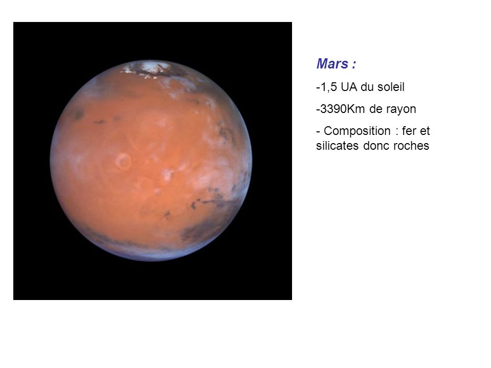 Mars : 1,5 UA du soleil 3390Km de rayon