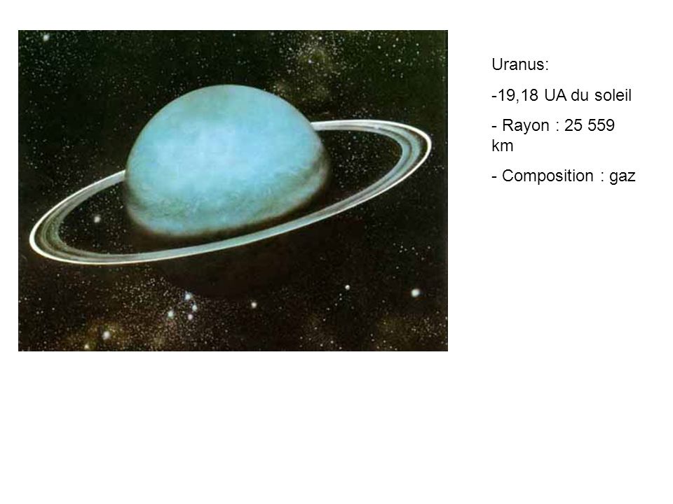 Uranus: 19,18 UA du soleil Rayon : km Composition : gaz