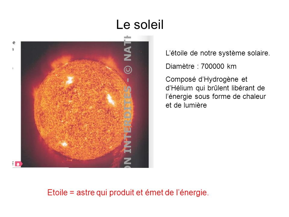 Le soleil Etoile = astre qui produit et émet de l’énergie.