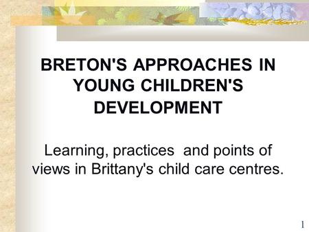 BRETON'S APPROACHES IN YOUNG CHILDREN'S DEVELOPMENT Learning, practices and points of views in Brittany's child care centres.