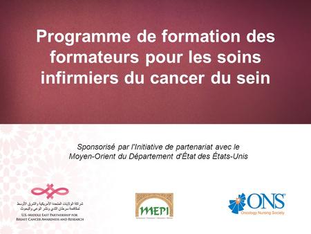 Programme de formation des formateurs pour les soins infirmiers du cancer du sein Sponsorisé par l'Initiative de partenariat avec le Moyen-Orient du Département.