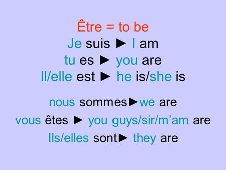 Être = to be Je suis ► I am tu es ► you are Il/elle est ► he is/she is