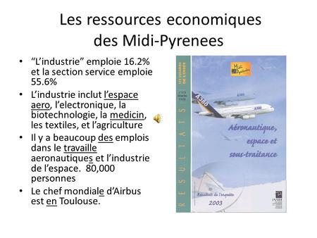Les ressources economiques des Midi-Pyrenees Lindustrie emploie 16.2% et la section service emploie 55.6% Lindustrie inclut lespace aero, lelectronique,