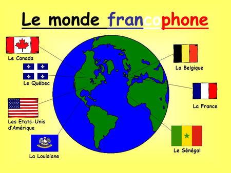 Le monde francophone Le Canada Le Québec Les Etats-Unis dAmérique La Louisiane La Belgique La France Le Sénégal.