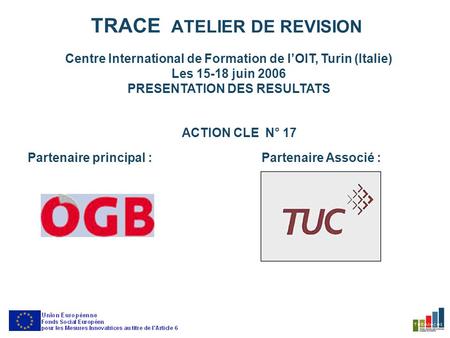 TRACE ATELIER DE REVISION Centre International de Formation de lOIT, Turin (Italie) Les 15-18 juin 2006 PRESENTATION DES RESULTATS ACTION CLE N° 17 Partenaire.