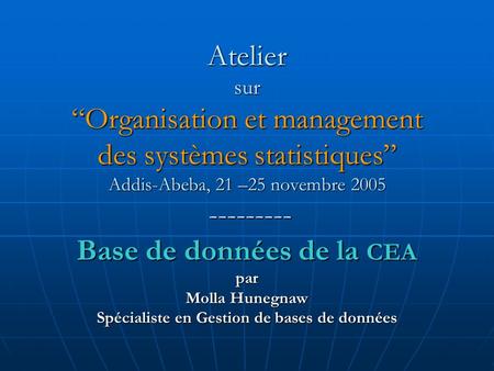 Atelier surOrganisation et management des systèmes statistiques Addis-Abeba, 21 –25 novembre 2005 --------- Base de données de la CEA par Molla Hunegnaw.