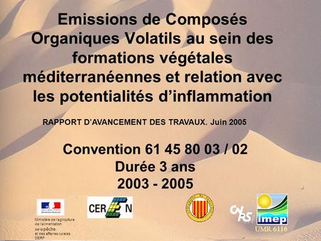 Convention 61 45 80 03 / 02 Durée 3 ans 2003 - 2005 Emissions de Composés Organiques Volatils au sein des formations végétales méditerranéennes et relation.