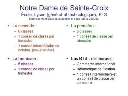 Notre Dame de Sainte-Croix École, Lycée (général et technologique), BTS Établissement privé sous contrat et sous tutelle Jésuite. La seconde : 6 classes.