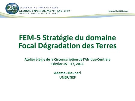FEM-5 Stratégie du domaine Focal Dégradation des Terres Atelier élégie de la Circonscription de lAfrique Centrale Février 15 – 17, 2011 Adamou Bouhari.