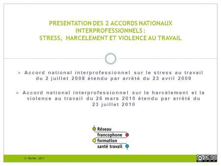 PRESENTATION DES 2 ACCORDS NATIONAUX INTERPROFESSIONNELS : STRESS, HARCELEMENT ET VIOLENCE AU TRAVAIL Accord national interprofessionnel sur le stress.