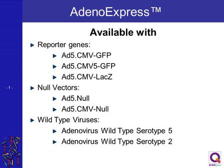 AdenoExpress™ Available with Reporter genes: Ad5.CMV-GFP Ad5.CMV5-GFP