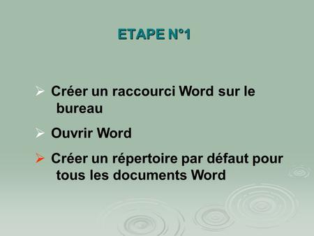 ETAPE N°1 Créer un raccourci Word sur le 	bureau Ouvrir Word