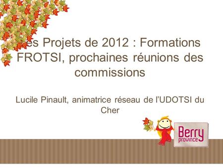 Les Projets de 2012 : Formations FROTSI, prochaines réunions des commissions Lucile Pinault, animatrice réseau de lUDOTSI du Cher.
