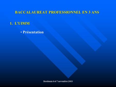 Bordeaux 6 et 7 novembre 2003 BACCALAUREAT PROFESSIONNEL EN 3 ANS 1. LUIMM Présentation.