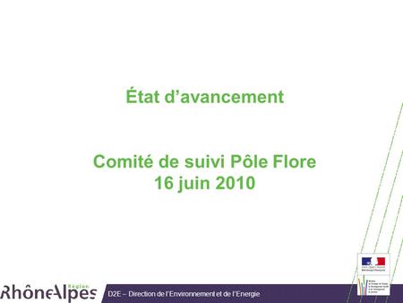 D2E – Direction de lEnvironnement et de lEnergie État davancement Comité de suivi Pôle Flore 16 juin 2010.