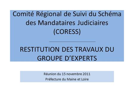Comité Régional de Suivi du Schéma des Mandataires Judiciaires (CORESS) RESTITUTION DES TRAVAUX DU GROUPE DEXPERTS Réunion du 15 novembre 2011 Préfecture.