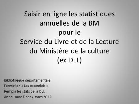 Saisir en ligne les statistiques annuelles de la BM pour le Service du Livre et de la Lecture du Ministère de la culture (ex DLL) Bibliothèque départementale.