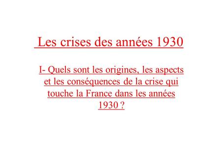Les crises des années 1930 I- Quels sont les origines, les aspects et les conséquences de la crise qui touche la France dans les années 1930 ?