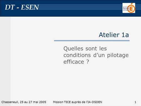 DT - ESEN 1Chasseneuil, 25 au 27 mai 2005Mission TICE auprès de lIA-DSDEN Atelier 1a Quelles sont les conditions dun pilotage efficace ?