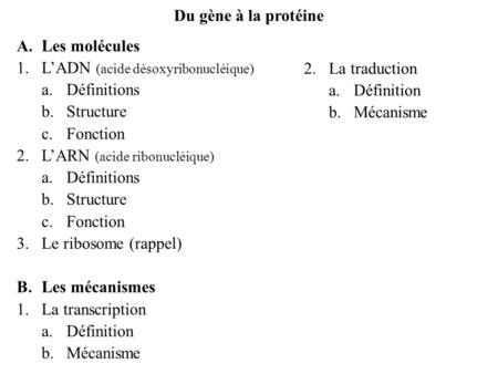 Du gène à la protéine A.	Les molécules