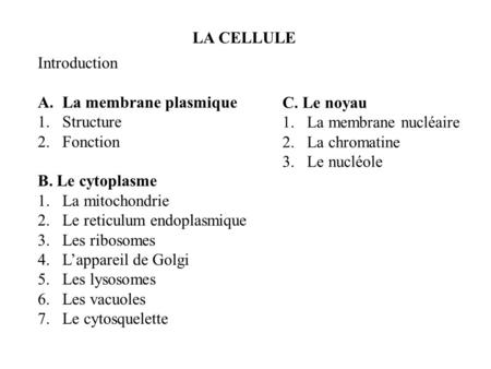 LA CELLULE Introduction La membrane plasmique Structure Fonction