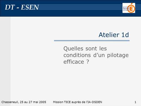 DT - ESEN 1Chasseneuil, 25 au 27 mai 2005Mission TICE auprès de lIA-DSDEN Atelier 1d Quelles sont les conditions dun pilotage efficace ?