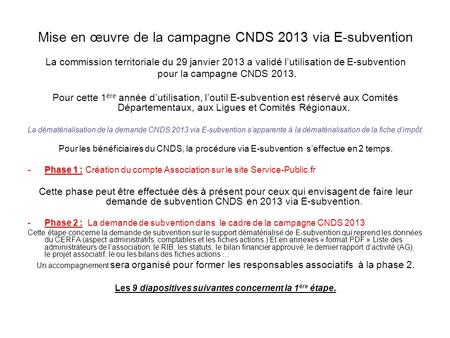 Mise en œuvre de la campagne CNDS 2013 via E-subvention