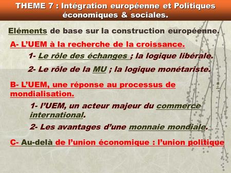 THEME 7 : Intégration européenne et Politiques économiques & sociales. ElémentsEléments de base sur la construction européenne. A- LUEM à la recherche.