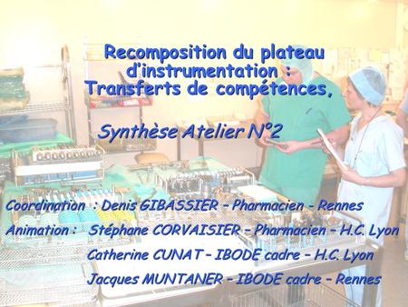  Recomposition du plateau d’instrumentation : Transferts de compétences, Synthèse Atelier N°2 Coordination : Denis GIBASSIER – Pharmacien - Rennes Animation.